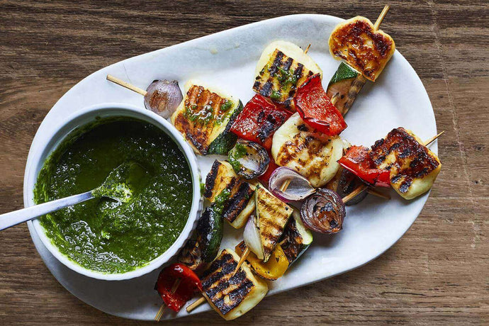 Cheesy Vegetable Kebabs with Chimmichurri